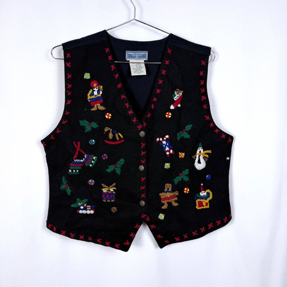 Vintage Erika Classics Black Christmas Wool Blend Vest Size L